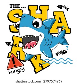Cute blue shark character with large text hungry warning sign and fish doodles. Marine life concept