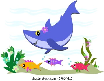 Cute Blue Shark and Fish Friends