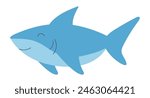 Cute blue shark in flat design. Happy underwater swimming predator fish. Vector illustration isolated.