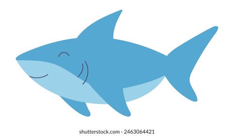 Cute blue shark in flat design. Happy underwater swimming predator fish. Vector illustration isolated.