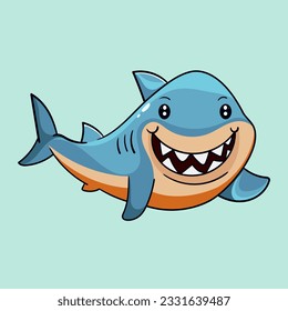 Cute blue shark funny animal spraying water vector illustration in kawaii cartoon style under the sea watercolor illustration with isolated background