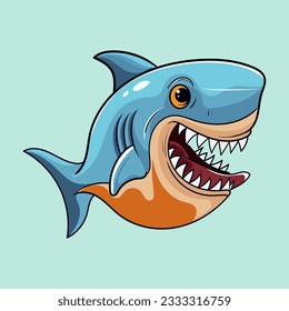 Cute blue shark funny animal spraying water vector illustration in kawaii cartoon style under the sea watercolor illustration with isolated background