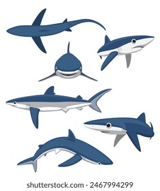 Cute Blue Shark Poses Set Cartoon Vector