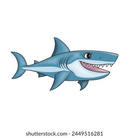 A cute blue shark with scary sharp teeth but smiling slightly