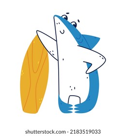 Cute Blue Shark as Sea Animal Standing with Surfboard Vector Illustration