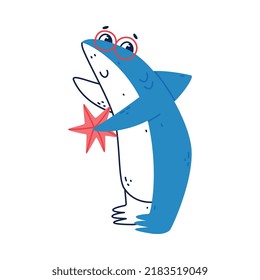 Cute Blue Shark as Sea Animal in Glasses Holding Red Starfish Vector Illustration