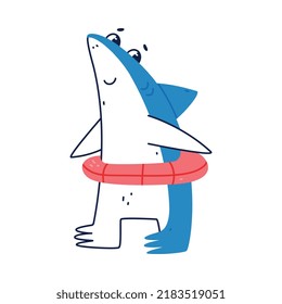 Cute Blue Shark as Sea Animal with Rubber Ring Vector Illustration