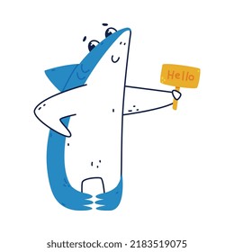 Cute Blue Shark as Sea Animal Holding Plaque with Hello Word Vector Illustration