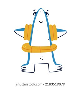 Cute Blue Shark as Sea Animal Wearing Inflatable Armbands and Rubber Ring Vector Illustration