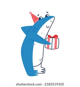 Cute Blue Shark as Sea Animal Wearing Birthday Cone Hat and Holding Wrapped Gift Box Vector Illustration