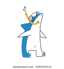 Cute Blue Shark as Sea Animal Wearing Goggles and Snorkeling Tube Vector Illustration