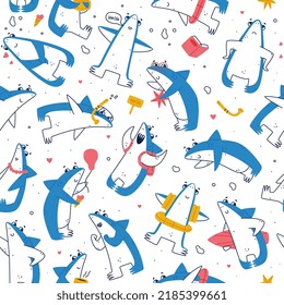 Cute Blue Shark as Sea Animal Living Underwater Seamless Pattern Vector Template