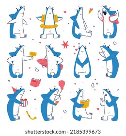 Cute Blue Shark as Sea Animal Reading Book, Eating Ice Cream and Greeting Vector Set