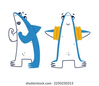 Cute Blue Shark as Sea Animal with Dorsal Fin with Rubber Armbands and Boxing Vector Set