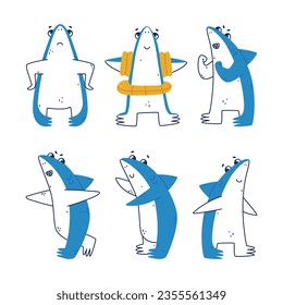 Cute Blue Shark as Sea Animal with Dorsal Fin Vector Illustration Set