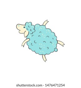 Cute blue sheep doodle - cartoon farm animal in flying pose isolated on white background. Small lamb sketch in freehand hand drawn style, vector illustration
