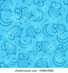 Cute Blue Sheep and Moon Silhouette on Light Cyan Background. Seamless Vector Pattern