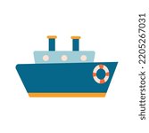 Cute blue ship. Simple flat illustration. Cartoon style. For kids, logo, icon and web design. Sea and ocean. Marine transport. Nautical traveling.