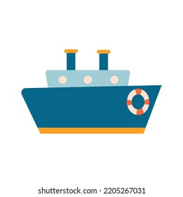 Cute blue ship. Simple flat illustration. Cartoon style. For kids, logo, icon and web design. Sea and ocean. Marine transport. Nautical traveling.