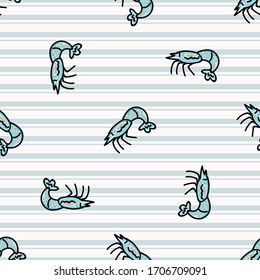 Cute blue shrimp cartoon seamless vector pattern. Hand drawn crustacean for marine life blog. Prawn arthropod all over print. Ocean wildlife background. 