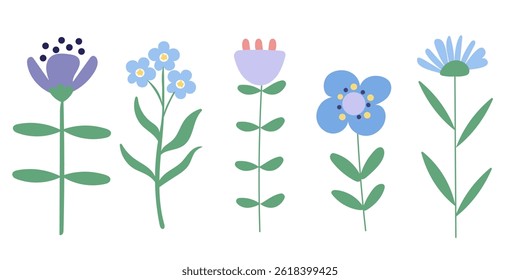 Cute blue simple flowers set