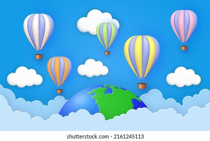 Cute blue sky background with paper cut clouds and 3d colorful hot air balloons flying over Earth. Vector illustration.