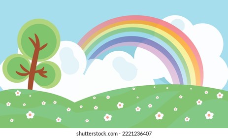 Cielo azul y paisaje arcoiris. estilo de dibujo animado vectorial editable