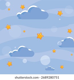 Cute blue Sky Seamless Pattern with Clouds and Yellow Stars