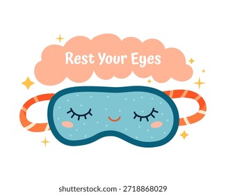 Máscara de dormir azul lindo con los ojos cerrados y el texto “Descansa tus ojos” arriba en una nube. Estilo plano de dibujos animados con colores pastel, destellos y sensación minimalista escandinava.