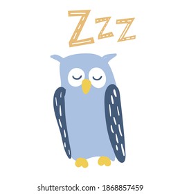 Cute blue sleeping owl in cartoon style. With ZZZ lettering. Good for children designs. Isolated element on white background. Vector EPS10