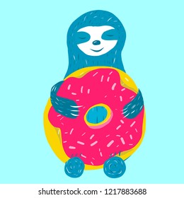 Cute blue sloth is hugging a huge pink donut, vector illustration, sweets.