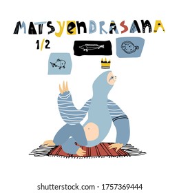 Cute blue sloth practiced yoga exercises on home mat in half pose of fish king. Flounder, sturgeon icons. Vector illustration isolated on a white background in doodle, scandinavian & hand drawn style.