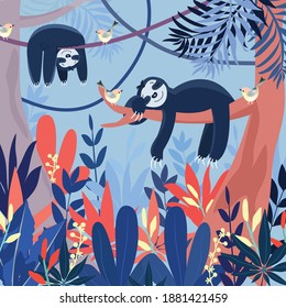 Cute blue sloth sleeping in big forest cartoon,blue and orange leaf.