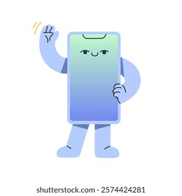 Cute blue smartphone smiles, greeting. Happy character of telephone says Hello, Hi with gesturing. Funny phone mascot waving hand to welcome. Flat isolated vector illustration on white background