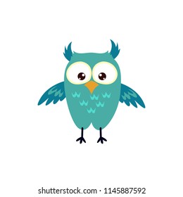 Cute blue smiling happy owl graphic design template. Tee print, shirt, embroidery, flat design for kids fashion textile. Animal concept vector illustration