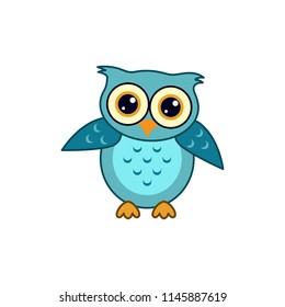 Cute blue smiling happy owl graphic design template. Tee print, shirt, embroidery, flat design for kids fashion textile. Animal concept vector illustration