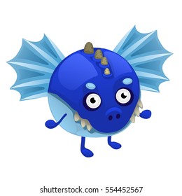 Cute blue smiling monster. Fantastic beast isolated on white background. Vector illustration close-up.