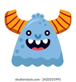 Cute blue smiling Monster with horns. Kids Halloween cartoon character design for poster, baby products logo and packaging design. Cartoon vector illustration isolated on white background