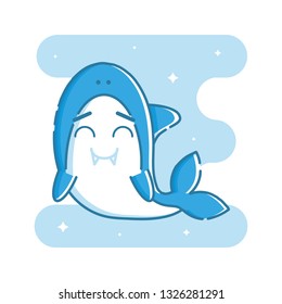 Cute blue smiling shark. Sparkling stars and blue blob in the background. Linear style illustration. Vector.
