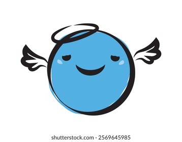 Cute blue smiling sphere with a halo and small white wings, drawn in a playful cartoon style on a white background. Concept of innocence and positivity. Vector illustration.