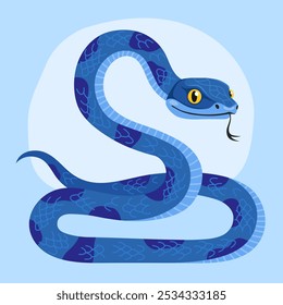 Cute blue snake on a light blue background. New Year of the Snake, Lunar New Year or Chinese New Year. Animal zodiac cartoon character, mascot, symbol of the year. Illustration for greeting card.