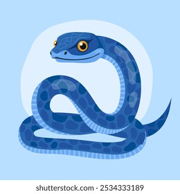 Cute blue snake on a light blue background. New Year of the Snake, Lunar New Year or Chinese New Year. Animal zodiac cartoon character, mascot, symbol of the year. Illustration for greeting card.