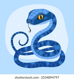 Cute blue snake on a light blue background. New Year of the Snake, Lunar New Year or Chinese New Year. Animal zodiac cartoon character, mascot, symbol of the year. Illustration for greeting card.