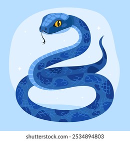 Cute blue snake on a light blue background. New Year of the Snake, Lunar New Year or Chinese New Year. Animal zodiac cartoon character, mascot, symbol of the year. Illustration for greeting card.