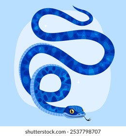 Cute blue snake on a light blue background. New Year of the Snake, Lunar New Year or Chinese New Year. Animal zodiac cartoon character, mascot, symbol of the year. Illustration for greeting card.