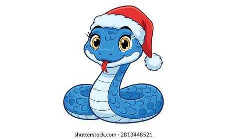 Cute blue snake wearing santa christmas hat with christmas character wildlife