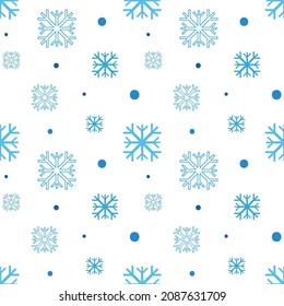 Cute blue snowflakes and dots vector seamless pattern background for winter season, holidays design.
