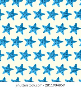 Cute blue starfish vector illustration pattern isolated on cream background. Flat cartoon seasonal summer ocean collection, featuring regular rows of hand-drawn marine animals with simple black line art. Minimalist graphic asset for beach theme textile print, wallpaper, and wrapping paper.
