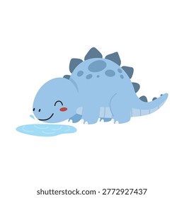 Cute Blue Stegosaurus Dinosaur Drinking Water Character
