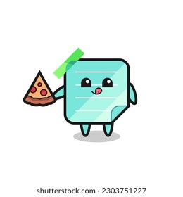 cute blue sticky notes cartoon eating pizza , cute style design for t shirt, sticker, logo element